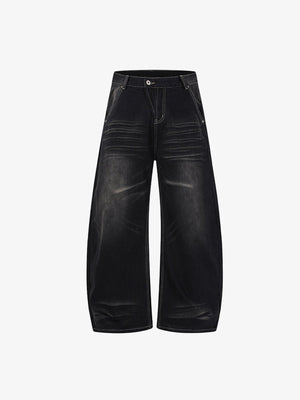 Vintage Wash Barrel Leg Jeans – Schwarz, Vorderseite flach | XoKool