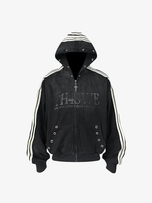 Vintage Washed Trainingsjacke mit gestreifter Kapuze – Schwarz, Vorderansicht | XoKool