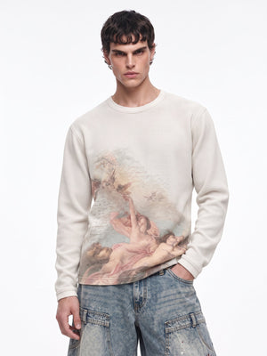 Waffelstrick Longsleeve mit Cherub-Gemälde-Print – am Model, Vorderansicht | XoKool