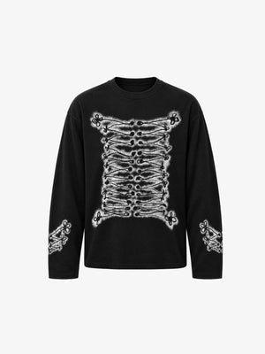 Waffelstrick-Longsleeve mit Zopf-Print – Schwarz, Vorderseite flach | XoKool