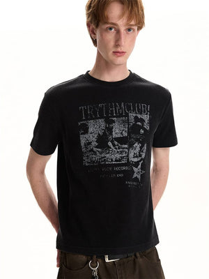 Waffle Knit T Shirt with Photo Collage Print – Black, on model front | XoKool