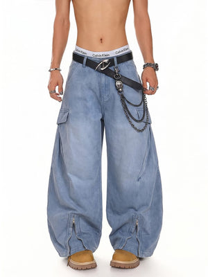 Washed Baggy Cargohose mit Reißverschluss am Saum – Hellblau, am Model von vorn | XoKool