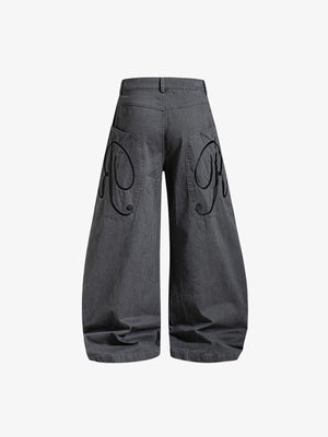 Washed Barrel Pants with Embroidered Back Pockets – Charcoal Grey, back flat | XoKool