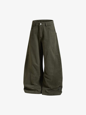 Washed Barrel Pants with Embroidered Back Pockets – Olive, front flat | XoKool