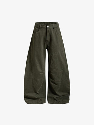 Washed Barrel Pants with Embroidered Back Pockets – Olive, front flat | XoKool