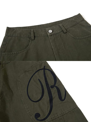 Barrel pants – Olive, waistband and letter embroidery close-up | XoKool