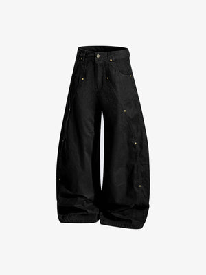 Washed Barrel Hose mit Nieten und geschwungenen Nähten – Schwarz, Seitenansicht | XoKool