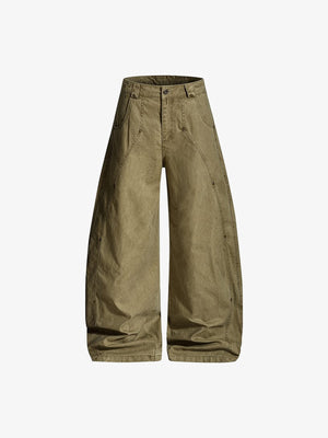 Washed Barrel Hose mit Nieten und geschwungenen Nähten – Oliv, Vorderansicht | XoKool