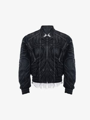 Conjunto de denim de 2 piezas negro con efecto lavado y costuras en contraste – chaqueta, plano frontal | XoKool