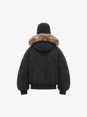 Washed Black Balaclava Jacke mit Kunstfellbesatz – Schwarz, Rückansicht | XoKool