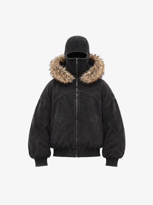 Washed Black Balaclava Jacke mit Kunstfellbesatz – Schwarz, Vorderansicht | XoKool
