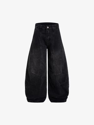 Washed Black Barrel Jeans with Paneled Seams – front flat lay | XoKool