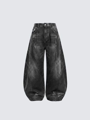 Washed Black Barrel Jeans with Sandblast Fade – front flat lay | XoKool