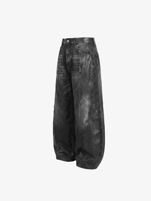 Washed Black Barrel Jeans with Sandblast Fade – side flat lay | XoKool