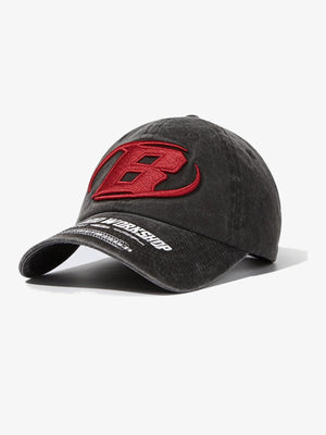 Washed Black Cap with Red 3D Letter Embroidery – angled, brim text | XoKool
