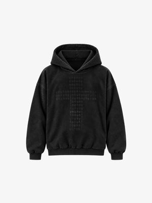 Hoodie gráfico con cruz en negro lavado – Negro lavado, vista frontal | XoKool