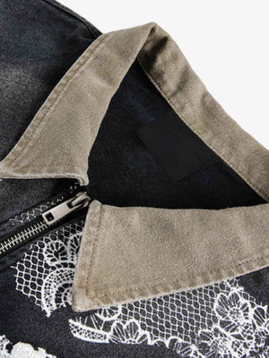 Washed Black Denim Jacket with Lace Angel Print – collar + neck close-up | XoKool