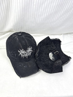 Washed Black Distressed Cap with Gothic Embroidery – two caps, front and inside | XoKool