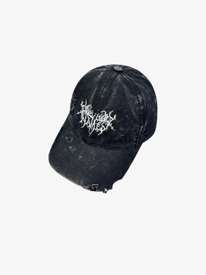 Washed Black Distressed Cap with Gothic Embroidery – Washed Black, angled view | XoKool