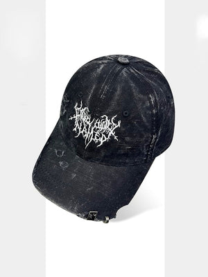 Washed Black Distressed Cap with Gothic Embroidery – Washed Black, front close | XoKool