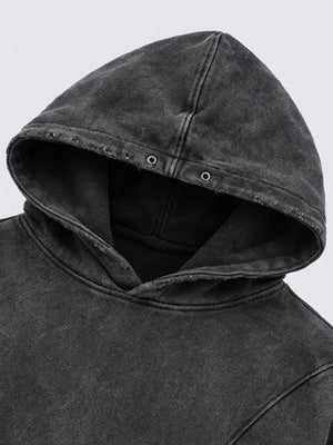 Washed Black Distressed Pullover Hoodie – hood eyelet close-up | XoKool