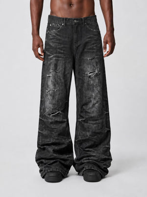 Washed Black Distressed Wide Leg Jeans – on model, front | XoKool