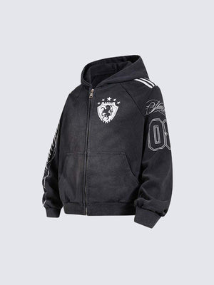 Washed Black Football Jersey Zip Hoodie – Schwarz, schräge Vorderansicht | XoKool