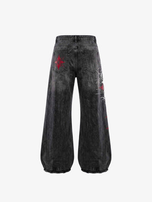 Washed Black Gothic Jeans with Red Star Print – back flat lay | XoKool