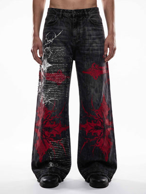 Washed Black Gothic Jeans with Red Star Print – on model, front | XoKool