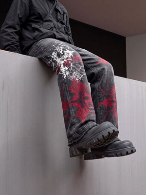 Gothic Print Jeans – on model, seated | XoKool