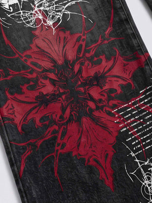 Gothic Print Jeans – red gothic graphic close-up | XoKool
