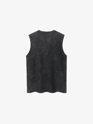 Camiseta sin mangas gótica negra con efecto lavado y estampado de la Parca – vista trasera plana | XoKool