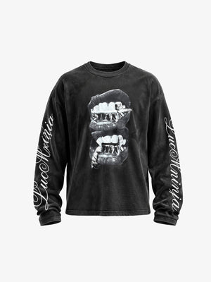 Washed Black Grillz Graphic Long Sleeve Tee – Washed Black, front view | XoKool