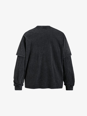 Washed Schwarzes Layered Longsleeve mit Fotoprint – flach von hinten | XoKool