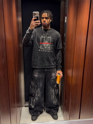 Washed Schwarzes Layered Longsleeve mit Fotoprint – Streetfoto, Spiegelselfie | XoKool