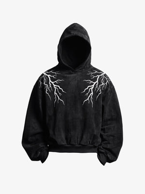Washed Black Lightning Bolt Cropped Hoodie – Black, front view | XoKool