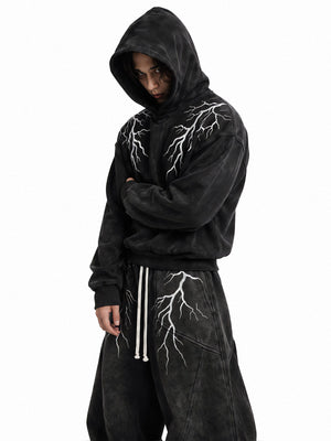 Washed Black Lightning Bolt Cropped Hoodie – On model with matching pants, front | XoKool