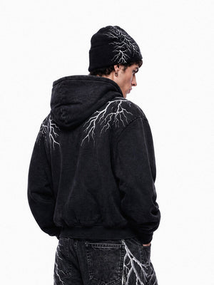 Washed Black Lightning Embroidered Zip Up Hoodie – on model, back (beanie) | XoKool