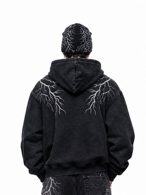 Washed Black Lightning Embroidered Zip Up Hoodie – on model, back | XoKool