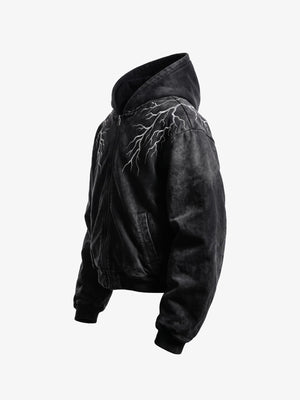 Washed Black Lightning Embroidered Zip Up Hoodie – side view | XoKool