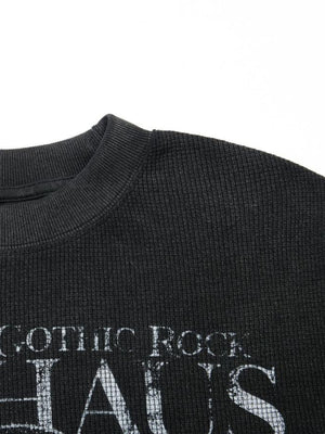 Washed Black Mock Neck Long Sleeve Waffle Tee – collar and print close-up | XoKool