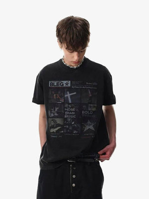 Washed Black Music T-Shirt with Guitar Photo Collage – on model, front | XoKool