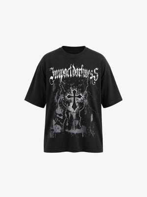 Washed Black Oversized Tee with Gothic Cross Print – front | XoKool