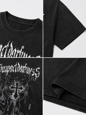 Washed Black Oversized Tee with Gothic Cross Print – neck, print, sleeve and hem close-ups | XoKool