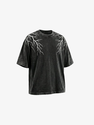 Washed Black Oversized Tee with Lightning Bolt Design – front, second view | XoKool
