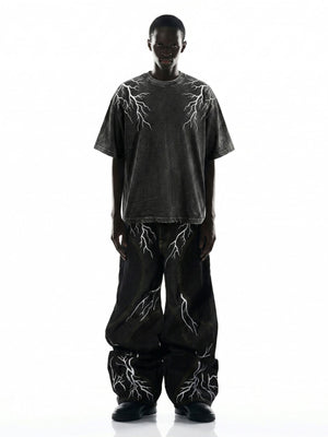 Washed Black Oversized Tee with Lightning Bolt Design – on model, full outfit | XoKool