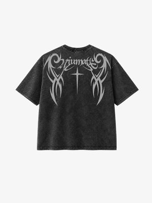 Oversized Graphic T-Shirt mit Tribal-Print in Washed Schwarz – Rückansicht | XoKool