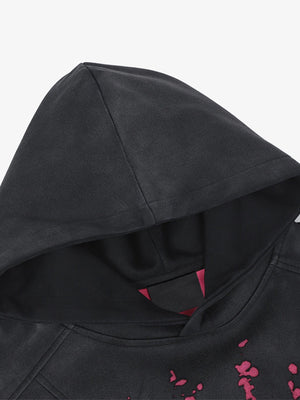Paint splatter hoodie – Black / Pink, hood and neck close-up | XoKool