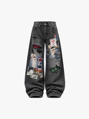 Washed Black Patchwork Baggy Jeans – Schwarz, Vorderseite flach | XoKool