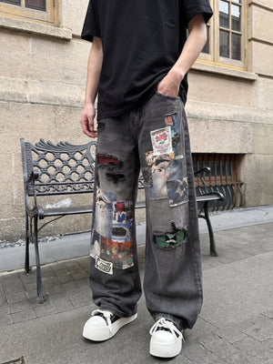 Washed Black Patchwork Baggy Jeans – am Model, Vorderansicht, Street | XoKool